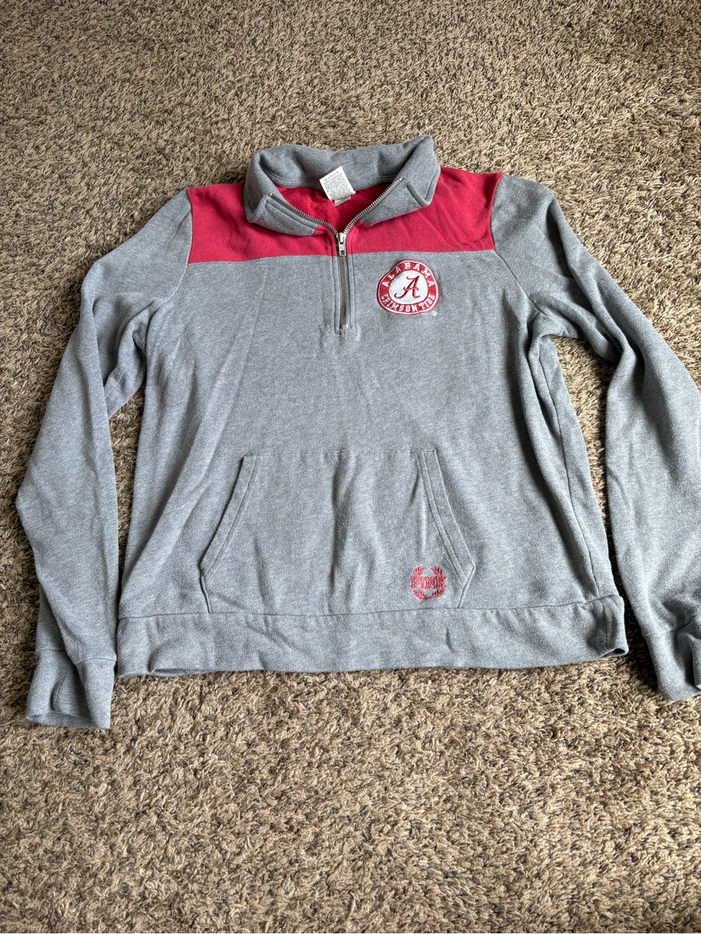 PINK Victoria's Secret Gray and Red Alabama 1/4 Zip Pullover